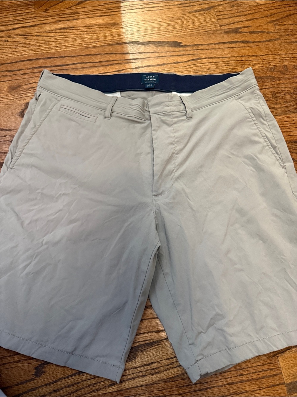 J. Crew Men’s Light Khaki Flat-Front Shorts with Navy Interior Waistband